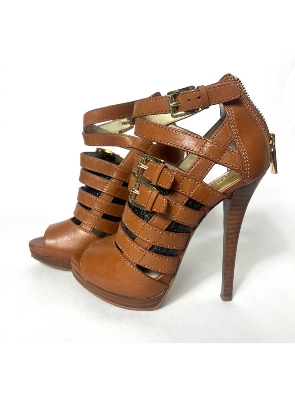 Michael Kors Berkley Leather Strappy Stiletto Heels Brown Sz 5.5 - Picture 8 of 13